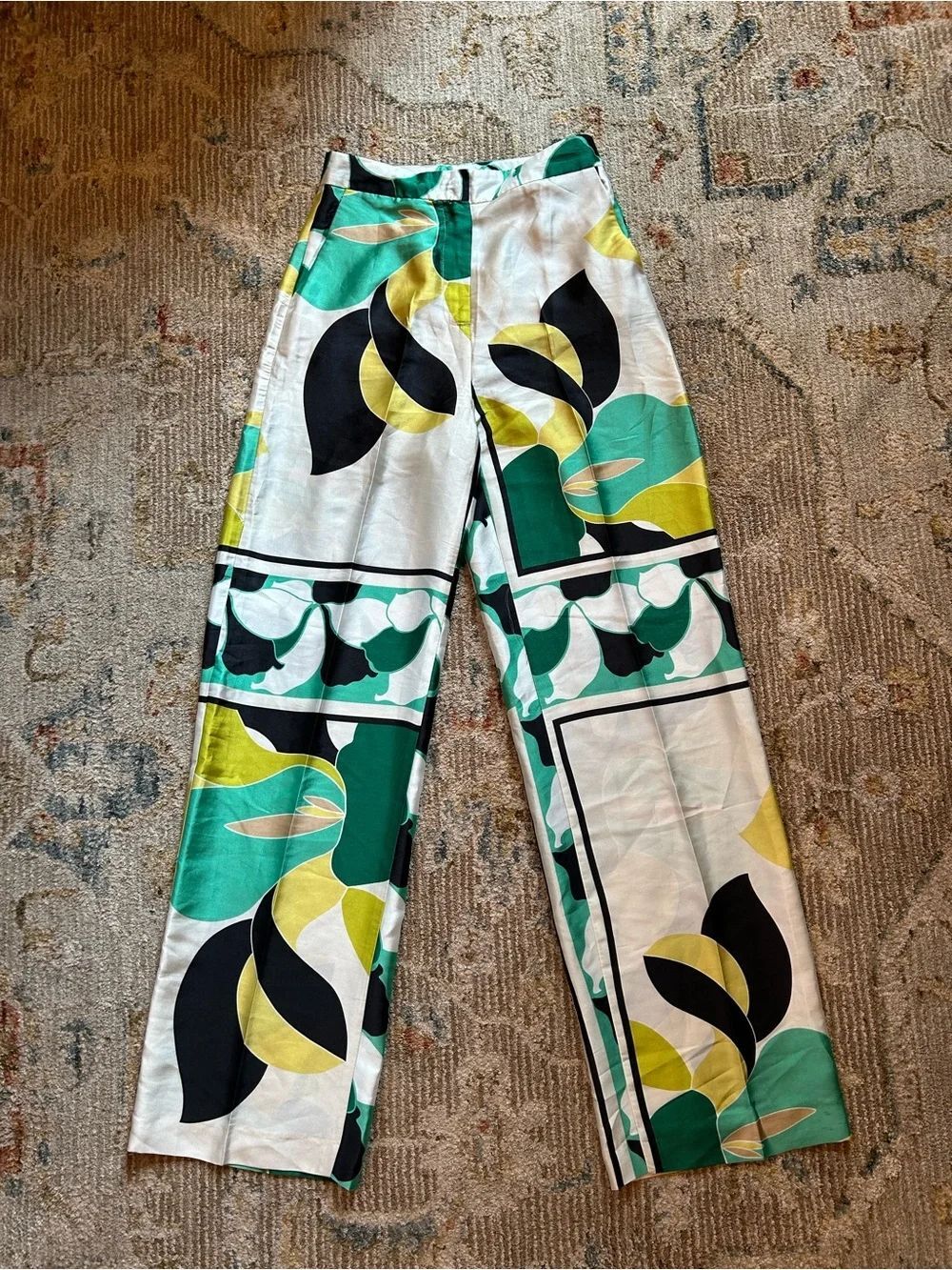 Zara Wide-Leg Printed Pants in Green, Yellow, Black & White